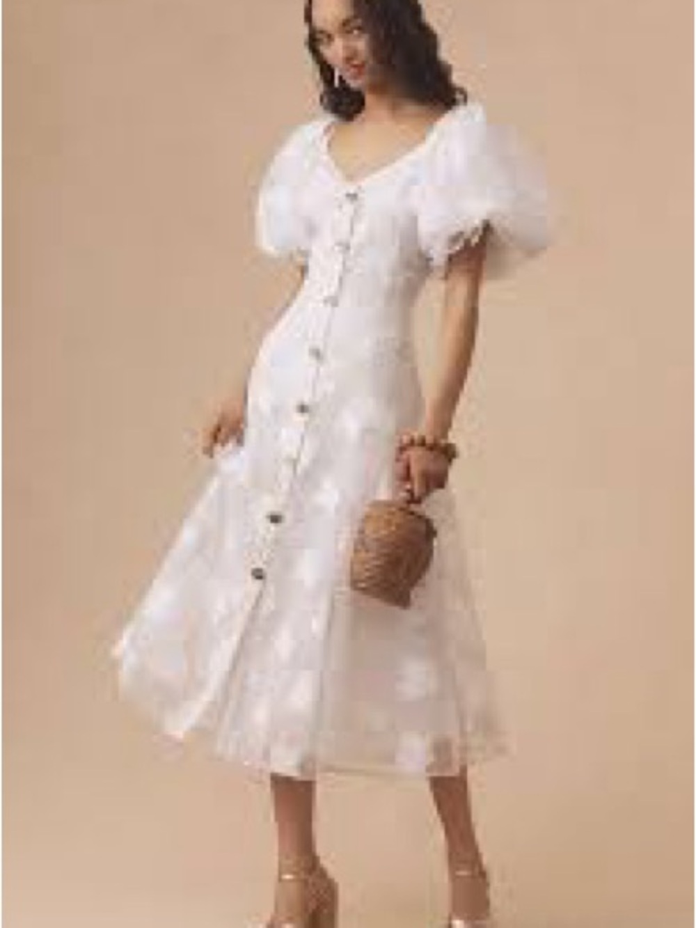 NWT Let Me Be Puff Sleeve Sheer Embroidered Midi Dress‎ White MSRP $218 Medium